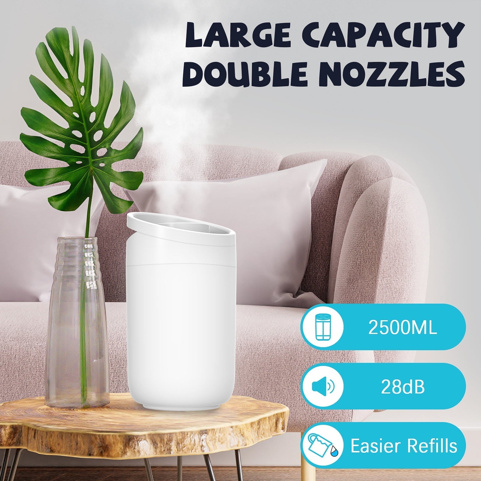 PcEoTllar Humidifier for Room,  Top Fill 2.5 L Cool Mist Quiet Ultrasonic Humidifier for Baby, Humidifiers for Bedroom Large Room (0.66 Gallon ,US 110V ),White