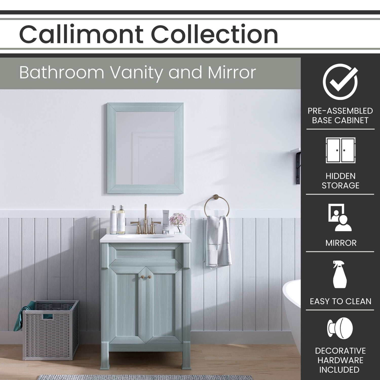Hanover Callimont 24'' Vanity Cabinet with Sink Combo for Bathroom, Powder Room | Pre-Assembled Cabinet | Accent Mirror | Artificial Stone Countertop | Blue Cabinet | HANVN0106-24-0BL