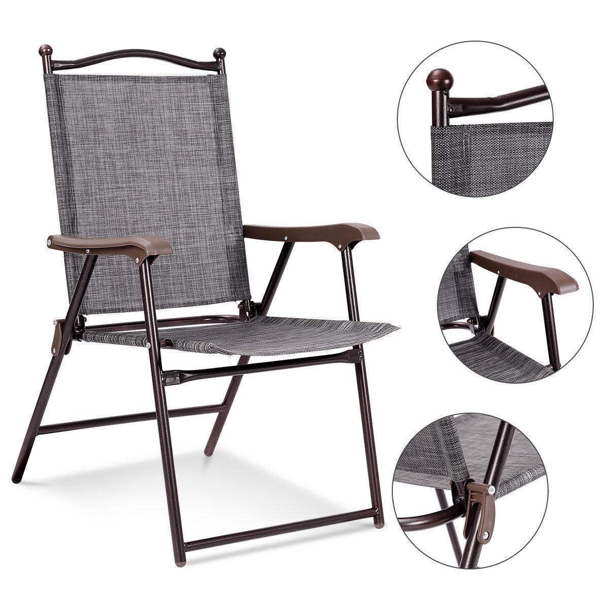 Costway Set of 2 Patio Folding Sling Back Chairs Camping Deck Garden Beach Gray