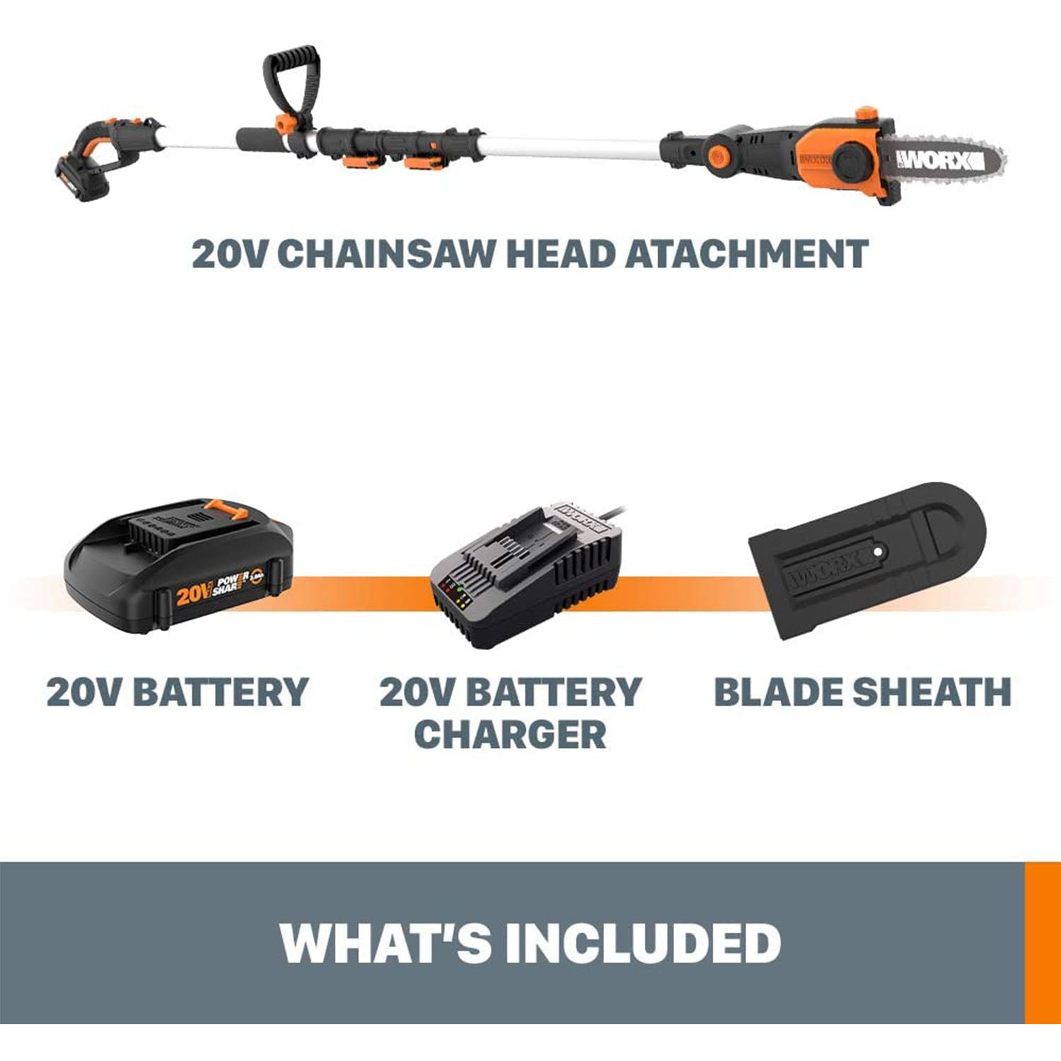 WORX WG349 2 in 1 Cordless 8 Inch Pole Saw w/ Auto Tension, Black and Orange