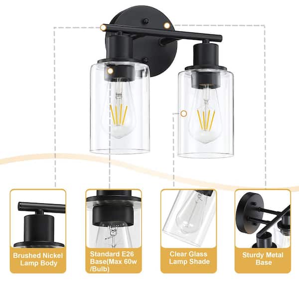 10.44 in. 2-Light Matte Black Bathroom Vanity Light with Clear Glass Shades