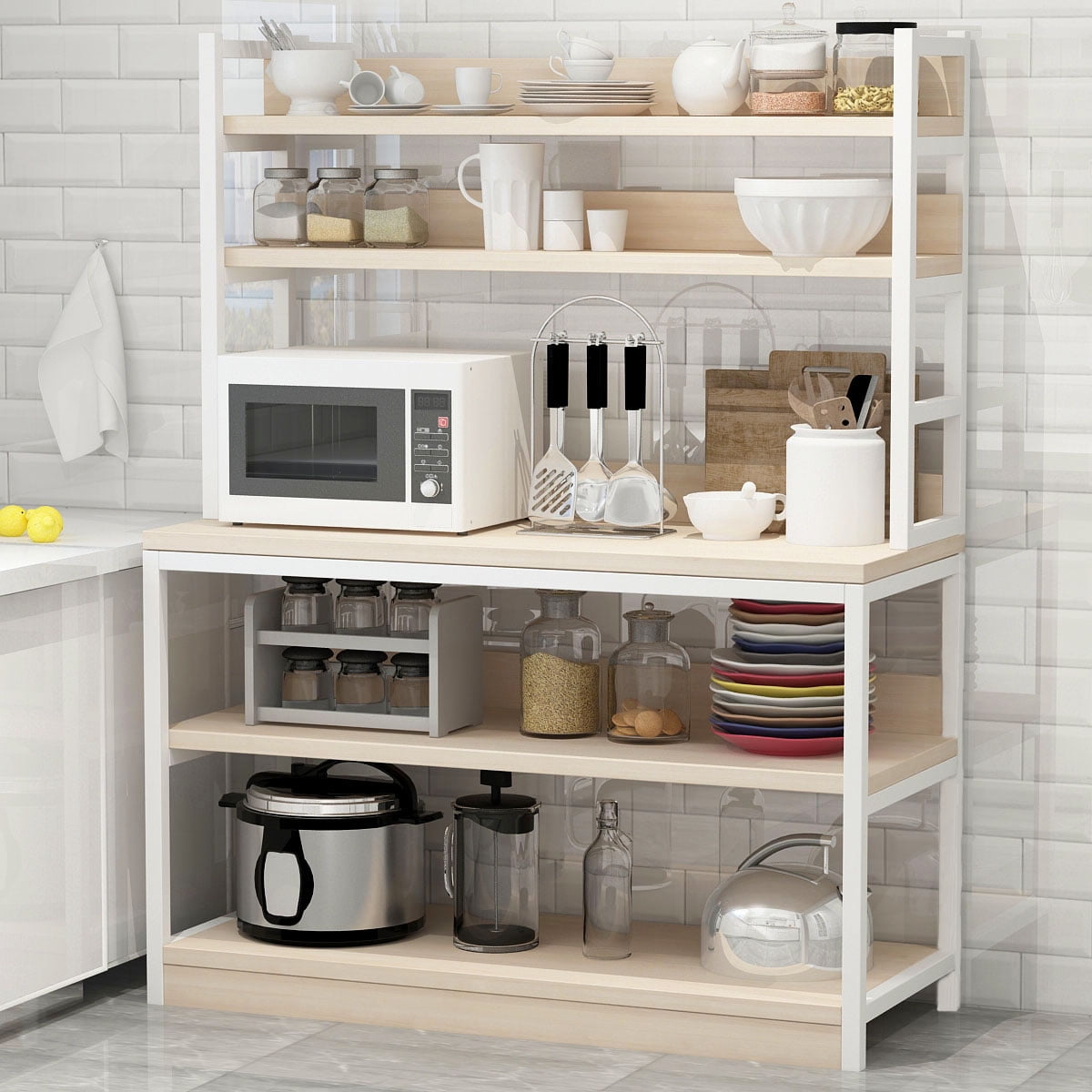 KERROGEE 5 tiers Standing Baker's Racks with Wood Table, Utility Storage Shelf, Kitchen Microwave Oven Stand Cart, Kitchen Organizer Rack, Beige