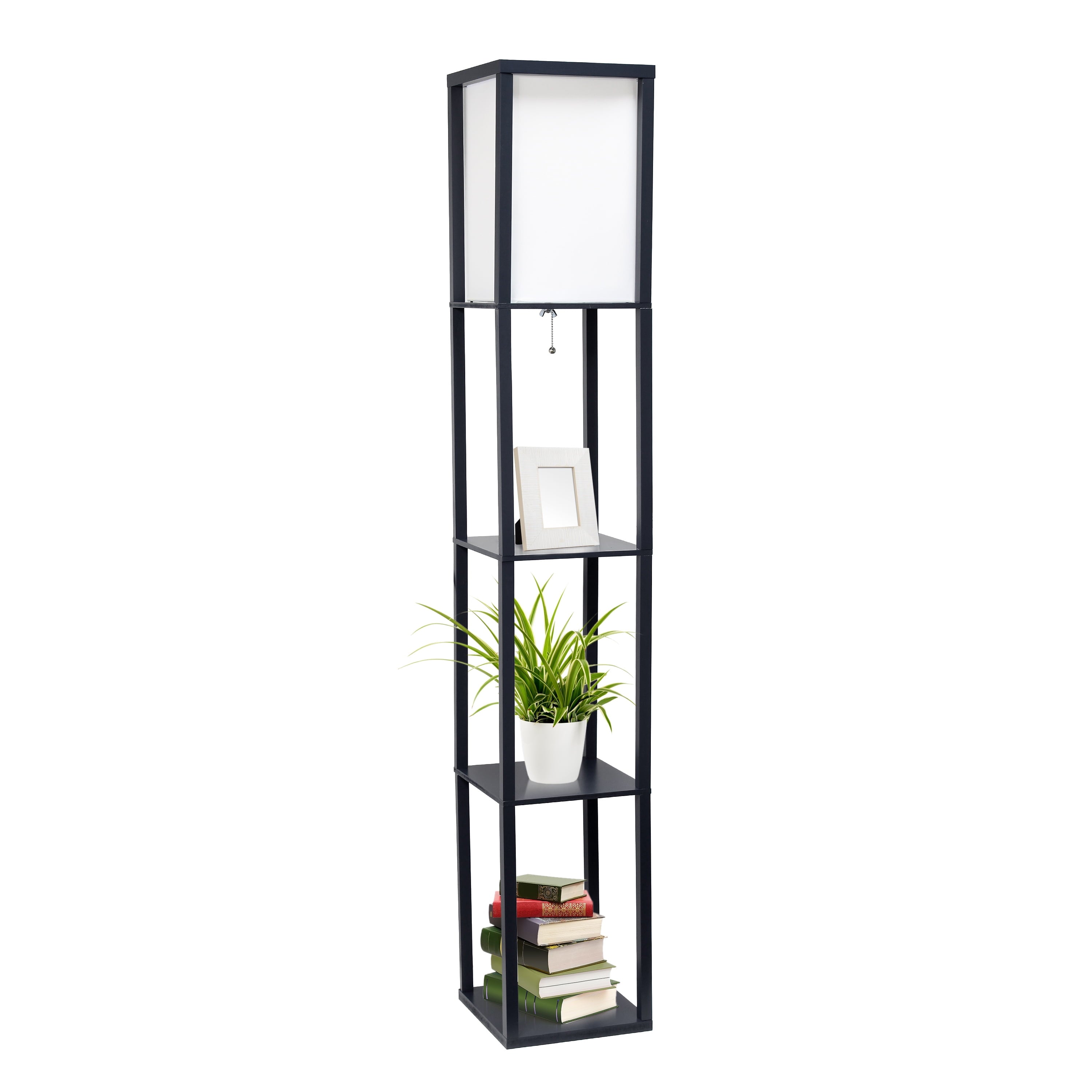 Simple Designs Floor Lamp Etagere Organizer Storage Shelf with Linen Shade, Black