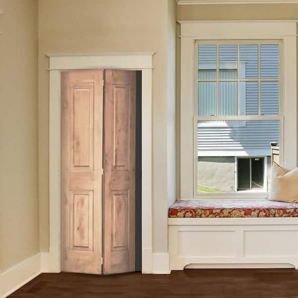 36 in. x 80 in. Rustic Knotty Alder 2-Panel Square Top Solid Core Unfinished Wood Interior Bi-Fold Door