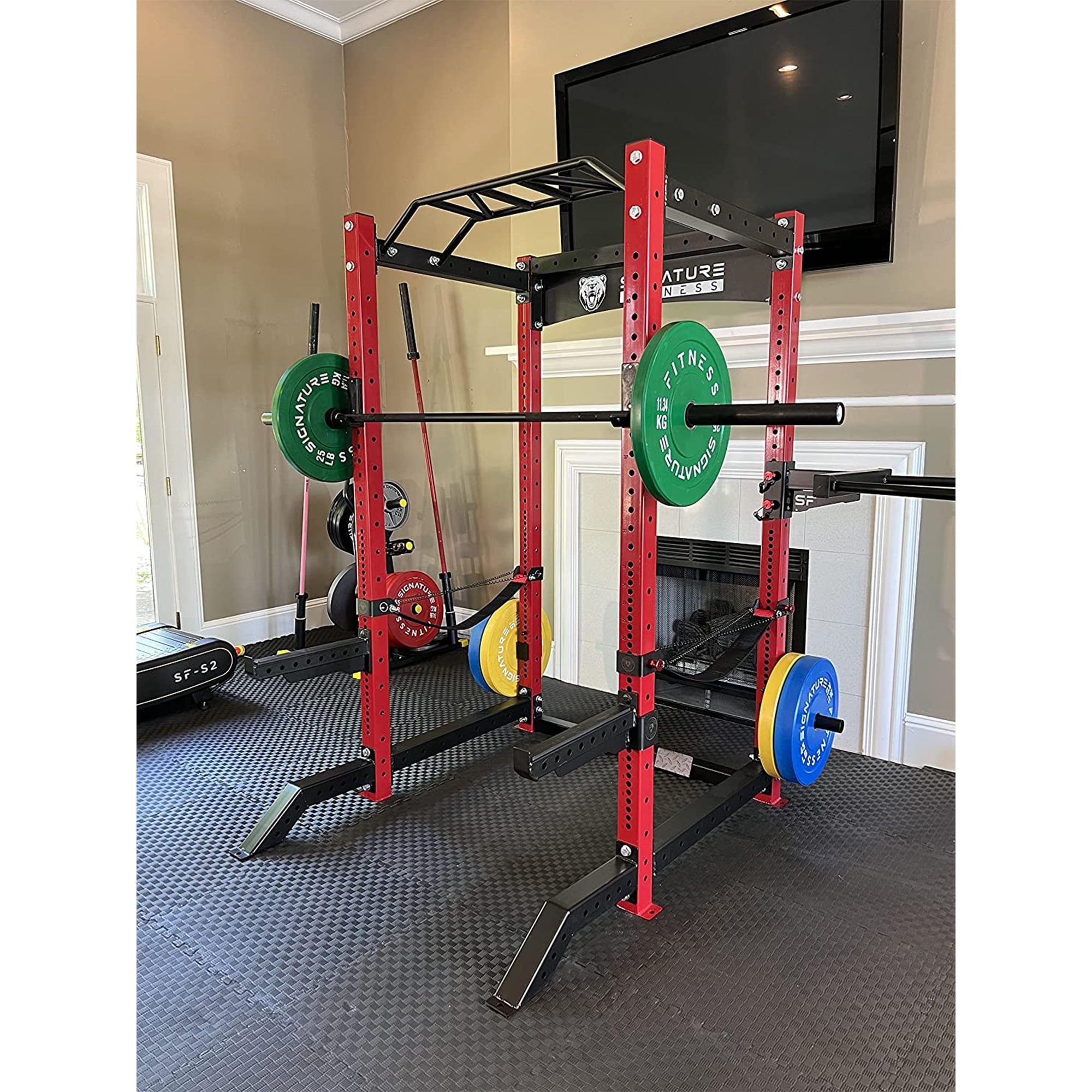 Signature Fitness 1,500 Lb Capacity 3 x 3 Inch Power Cage Squat Rack, Red