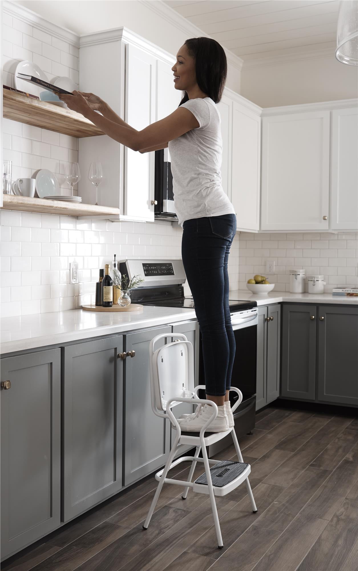 COSCO Stylaire Retro Chair + Step Stool with flip-up seat (white, one pack)