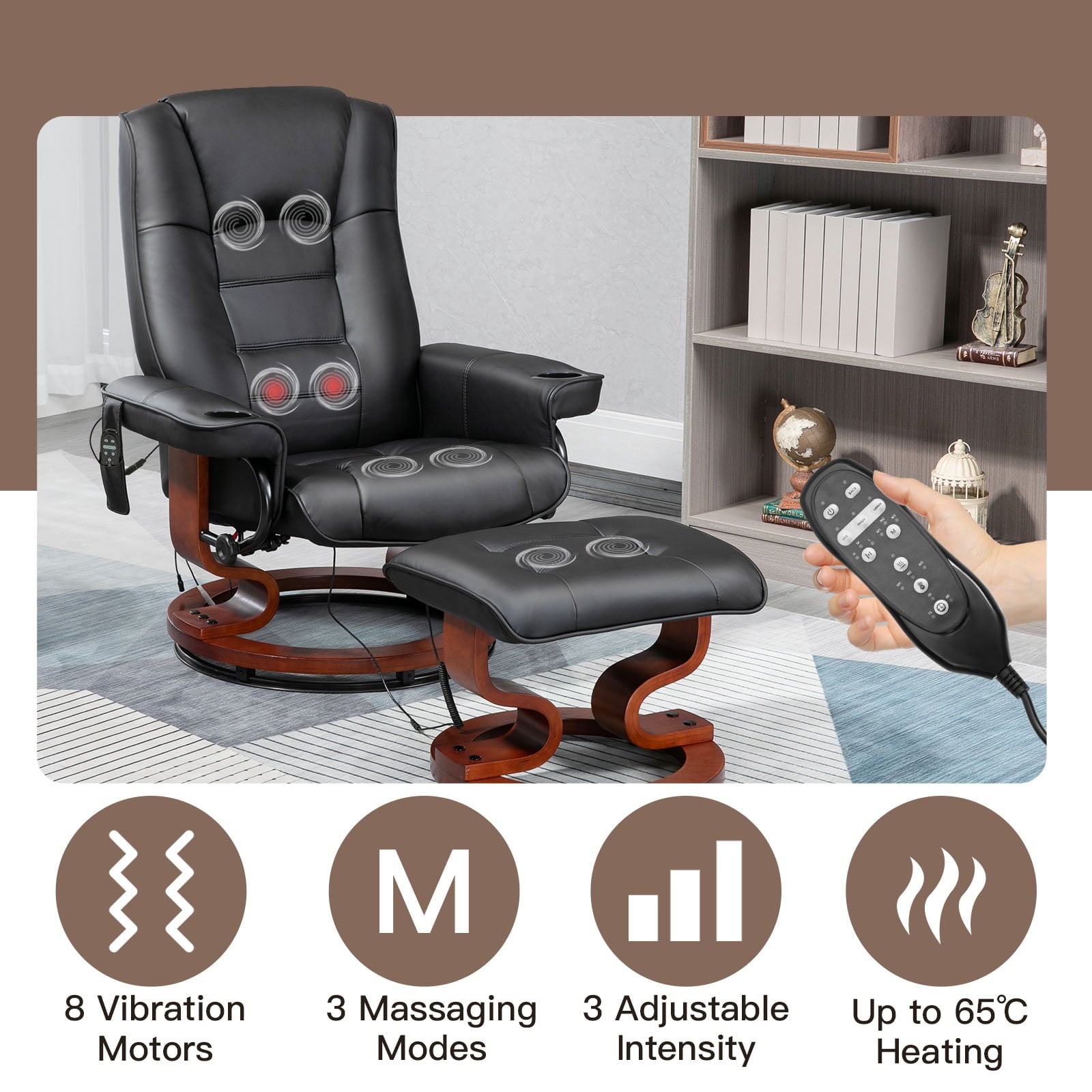AVAWING Recliner Chair - Vibration Massage, Faux Leather, Ottoman, Swivel - Black