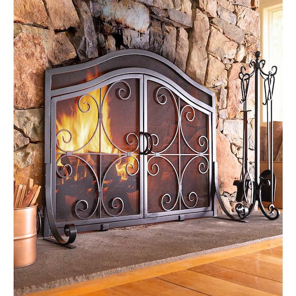 Black Metal Crest 1-Panel Fireplace Screen with 2-Doors - Large