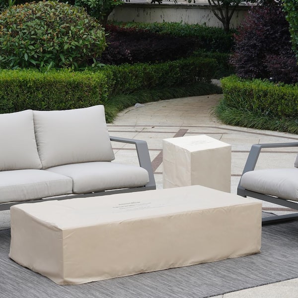 56 in. 50000 BTU Large White Rectangle Composite GRFC Fire Pit Table with Glass Wind Guard and Water-Resistent Cover