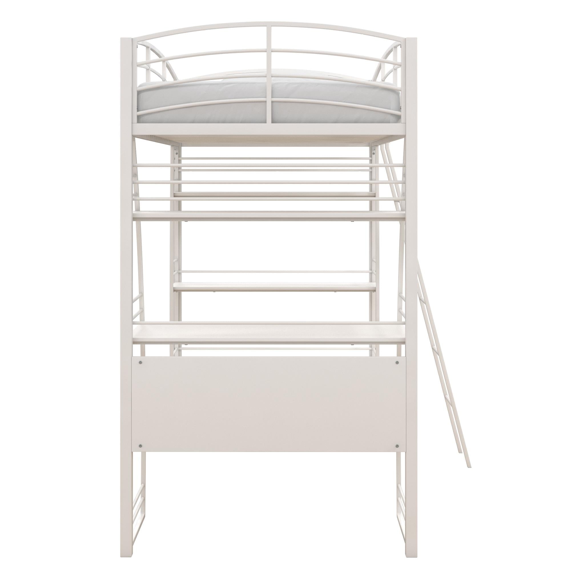 DHP Sage Studio Twin Metal Loft Bed with Integrated Desk and Shelves, Off White