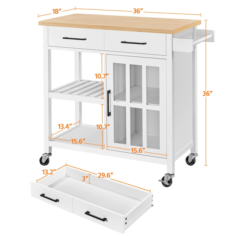 Yaheetech Mobile Kitchen Cart with Cabinet & Open Shelves, White