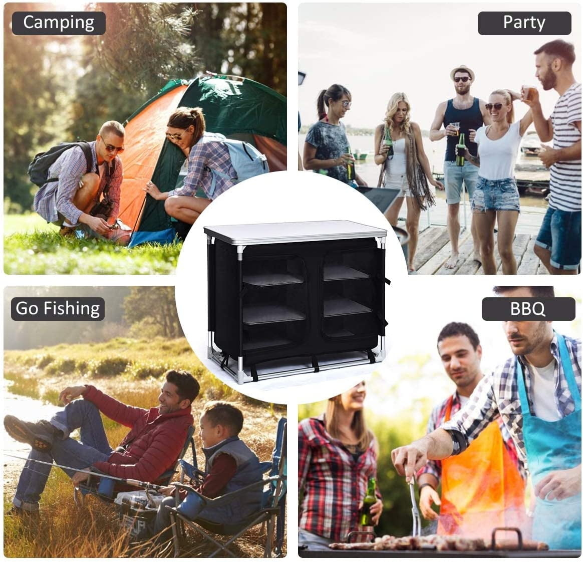 Cook Table Kitchen Station with Storage Organizer and Carrying Bag, for BBQ Party, Picnics, Backyards, Tailgating, Portable, Black