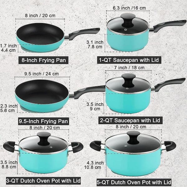Nonstick 10- Piece Aluminum Cookware Set, Turquoise