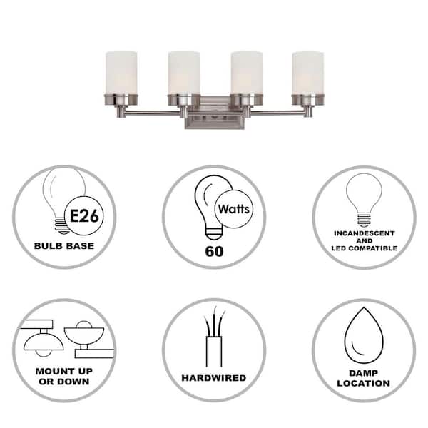 Fusion 27.5 in. 4-Light Brushed Nickel Bathroom Vanity Light Fixture with Frosted Glass Shades