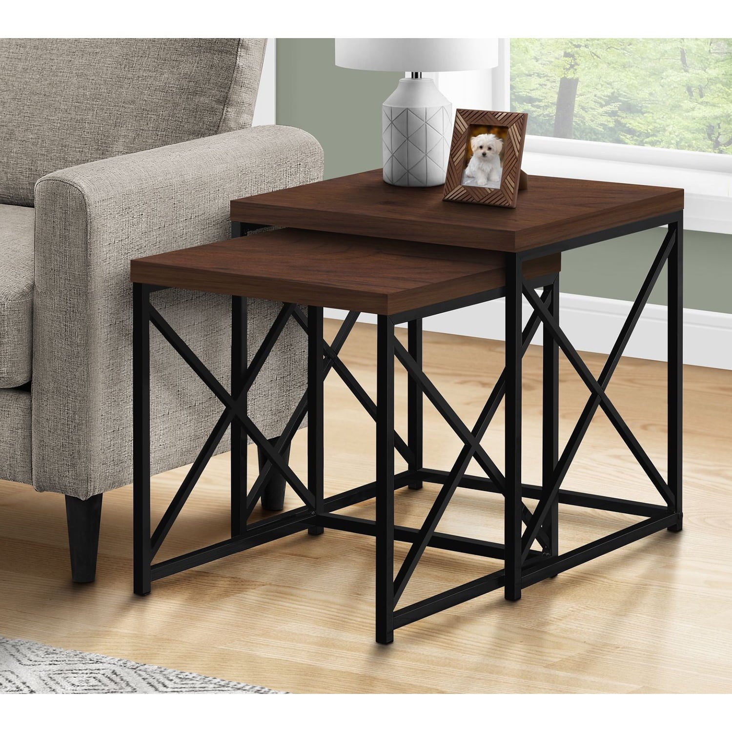 Monarch Specialties 2 Piece Square Metal Nesting Table Set, Cherry/Black