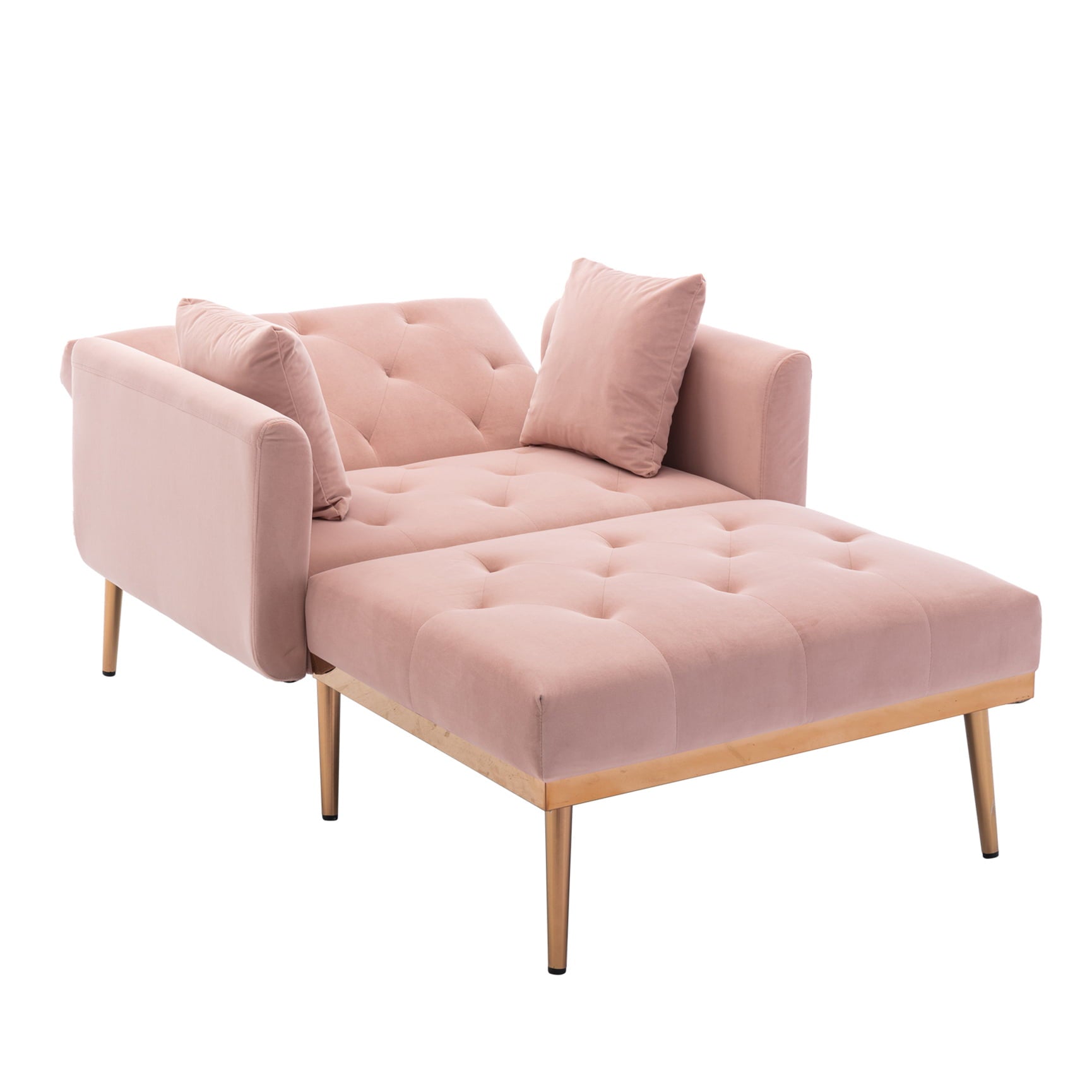 Chaise Lounge Chair with 2 Pillows,  Modern Tufted Lounge Sofa Chair with Adjustable Backrest and Rose Golden Metal Legs, Convertible Sleeper Chair for Living Room Bedroom, Pink