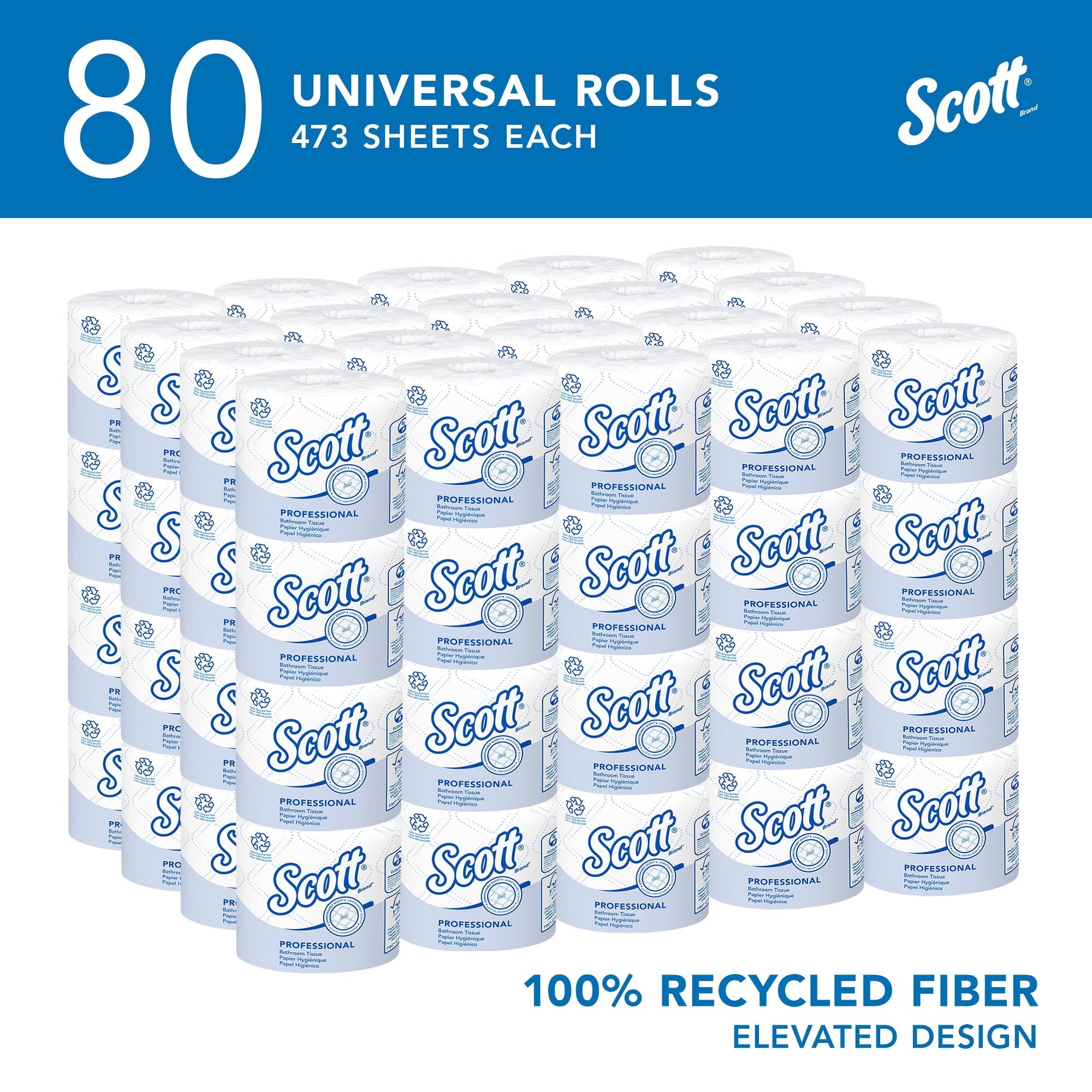 Scott Professional 100% Recycled Fiber Standard Roll Toilet Paper (13217), with Elevated Design, 2-Ply, White, Individually wrapped rolls, (473 Sheets/Roll, 80 Rolls/Case, 37,840 Sheets/Case)