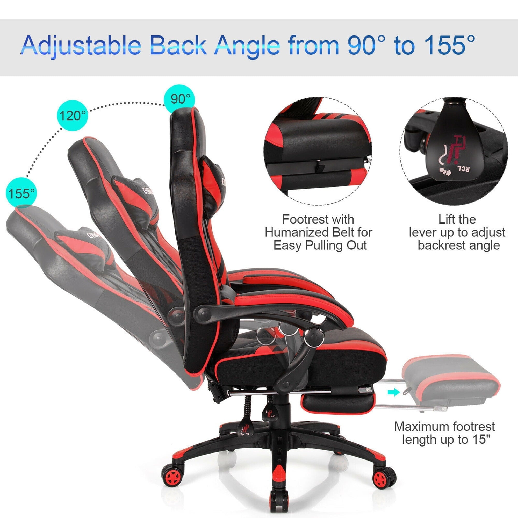 Gymax Office Computer Desk Chair Gaming Chair Adjustable Swivel w/Footrest Red