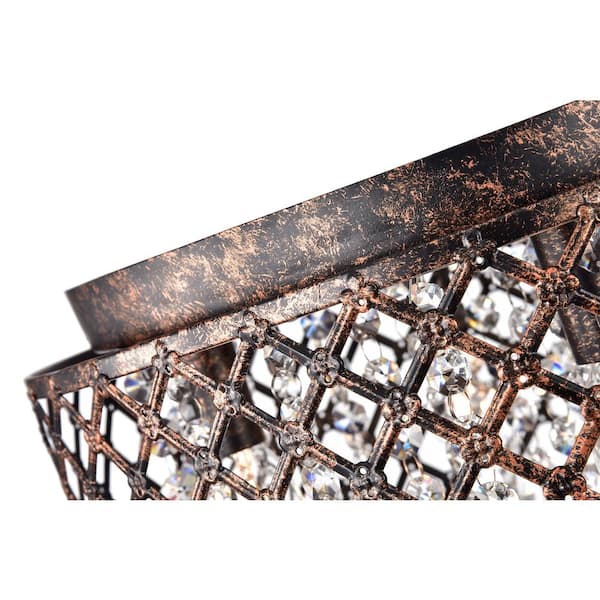 Clara 4-Lights Antique Copper Glam Flush Mount with Lattice Drum Shade and Clear Glass Hanging Crystals