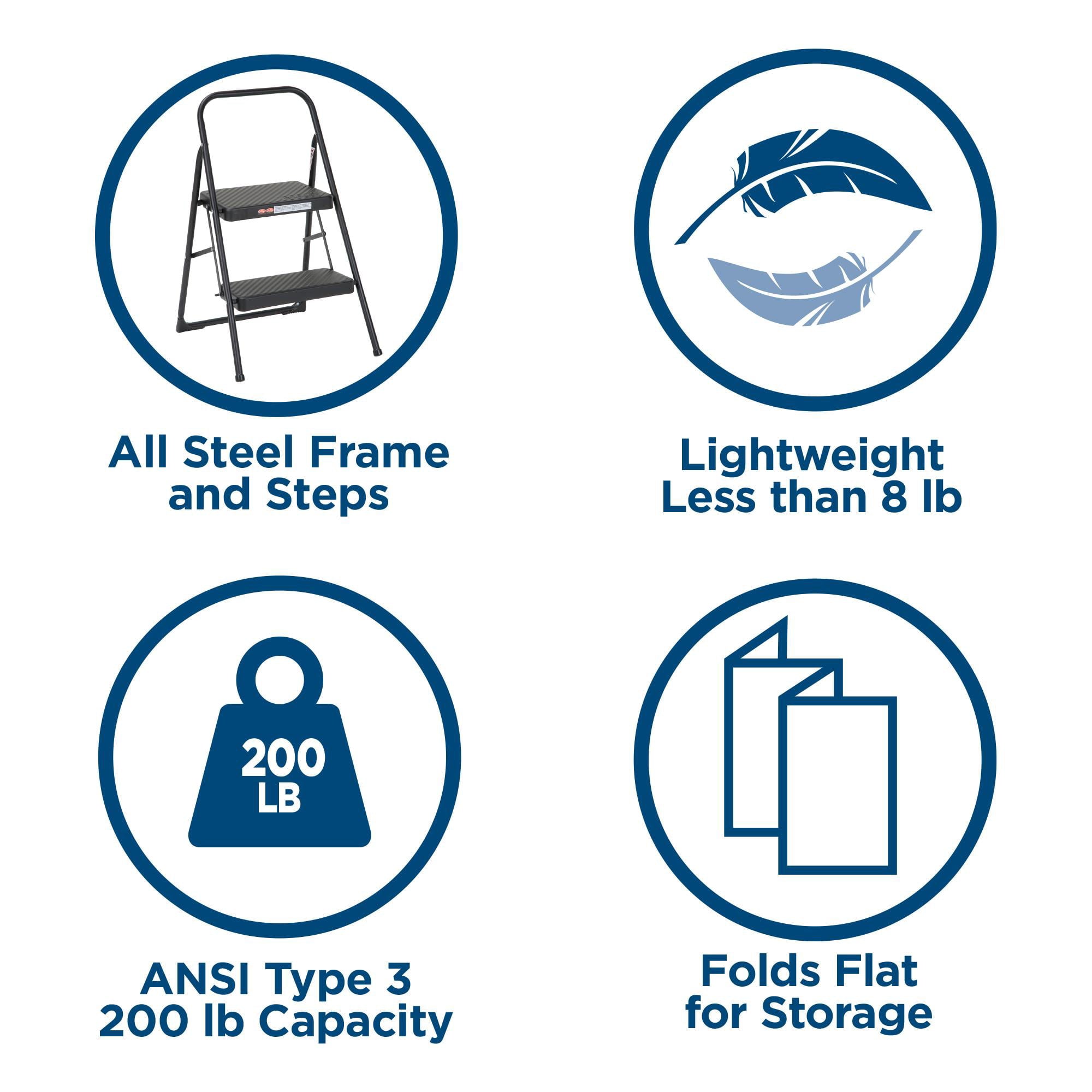 COSCO 2-Step Household Folding Steel Step Stool, All Black, 7ft 11in Reach Height