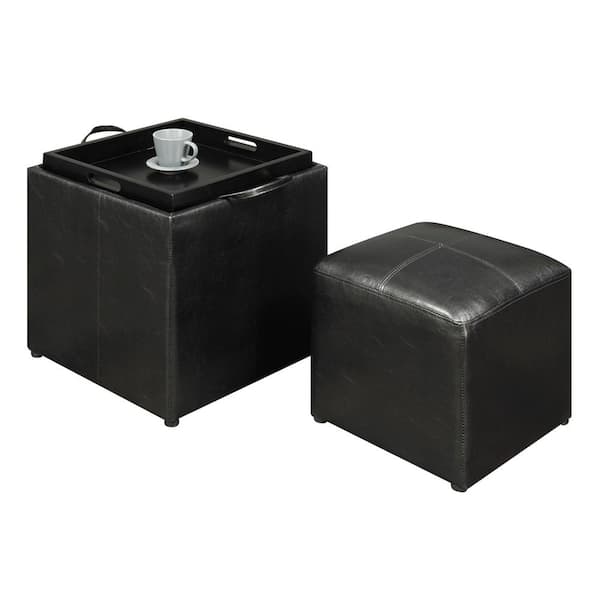 Designs4Comfort Park Avenue Black Faux Leather Storage Ottoman with Stool and Reversible Tray