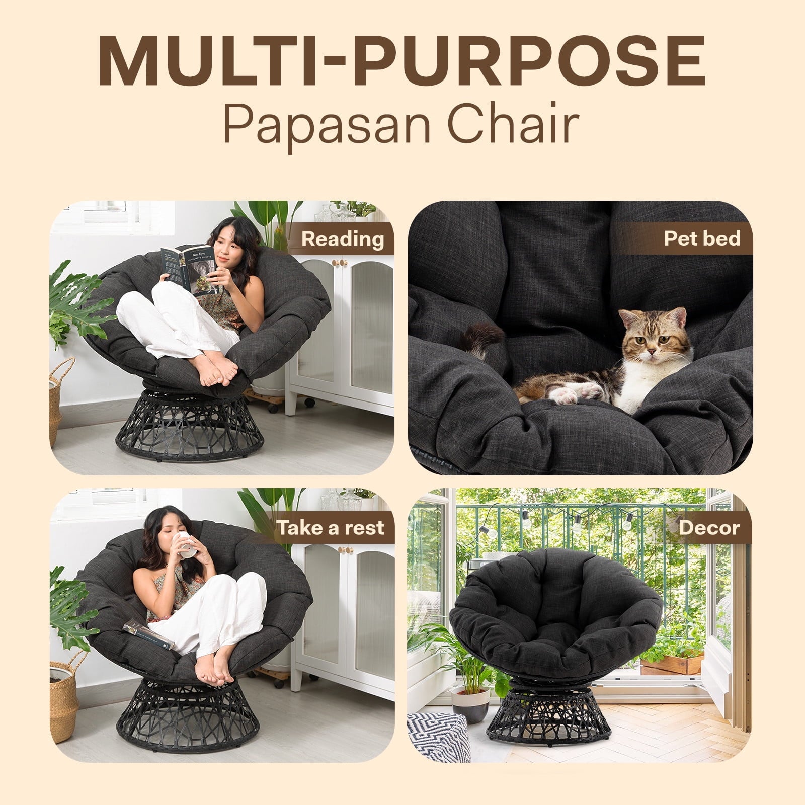 Aile Papasan Chair Soft Thick Density Fabric Cushion Steel Frame with 360 Degree Swivel, Black