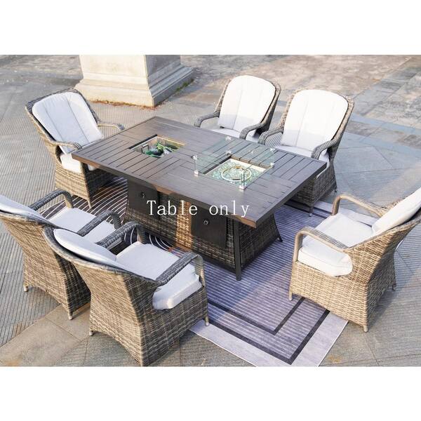 Ice and Fire Rectangular Wicker Outdoor Fire Pit Dining Table with Aluminum Table Top
