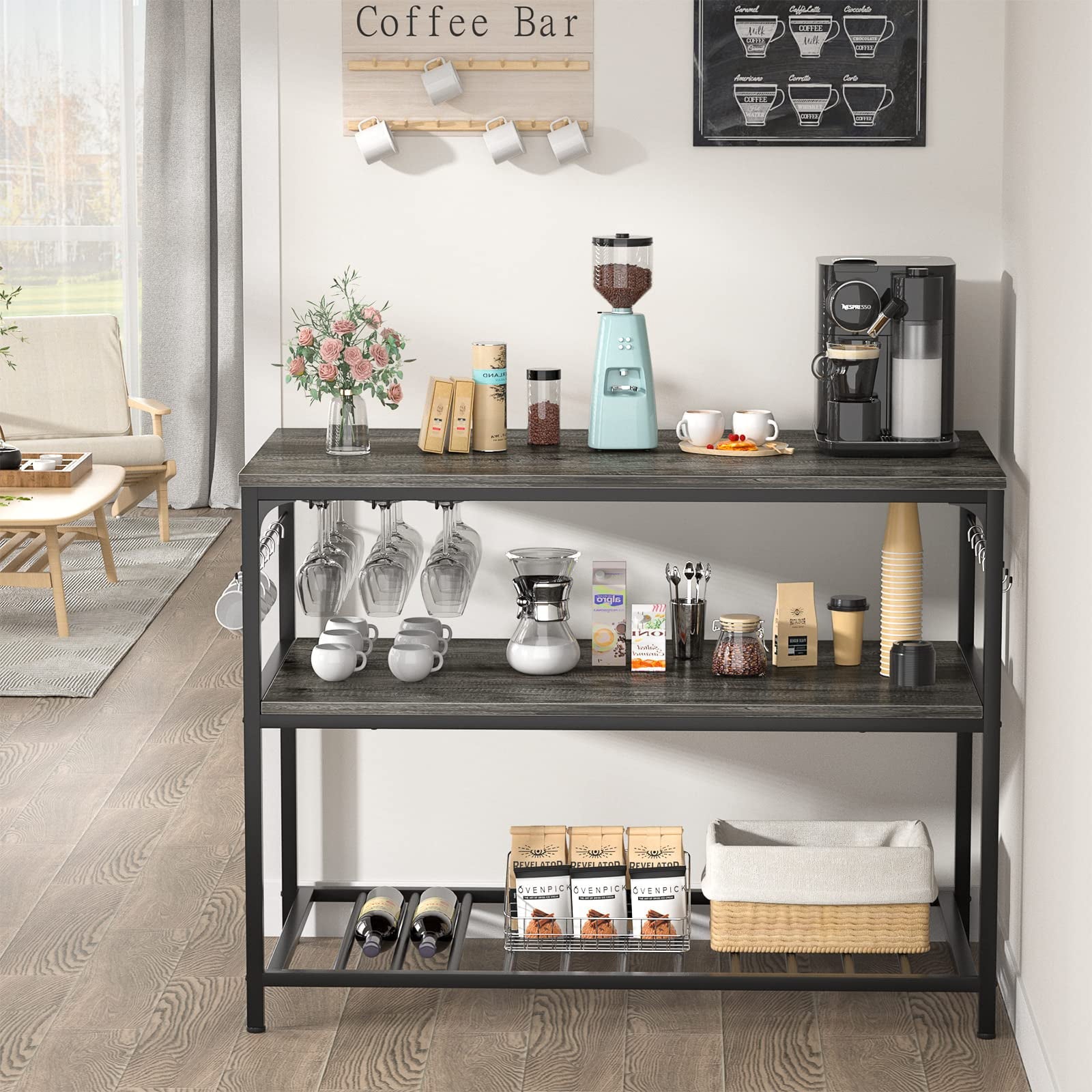 Homieasy Kitchen Island with Wine Glass Holder, Industrial Wood and Metal Coffee Bar Rack, 3 Tier Spacious Prep Table Extended Counter with Hooks Easy to Assemble, Gray Oak