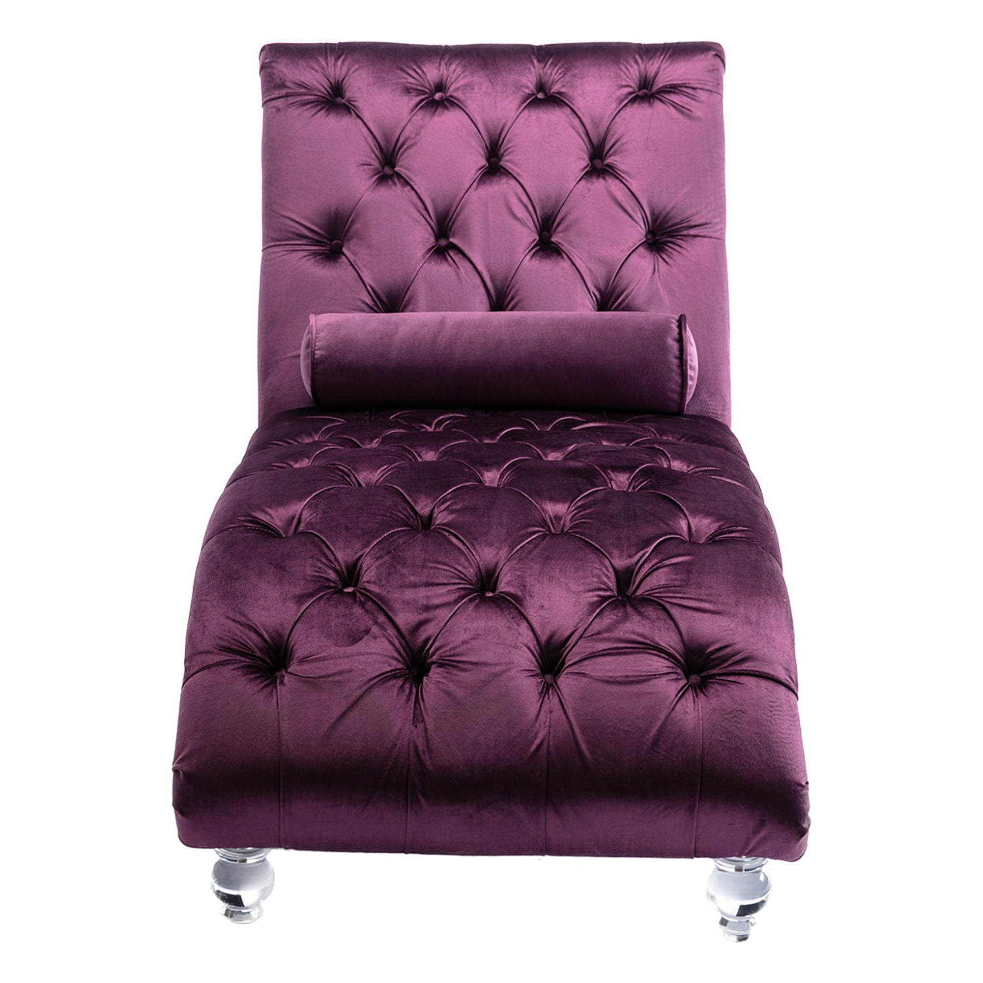 Velvet Chaise Lounge Chair, Modern Button Tufted Lounge Chair with Acrylic Legs and Nailhead Trim, Upholstered Sleeper Chair with Toss Pillow for Living Room Bedroom, Purple