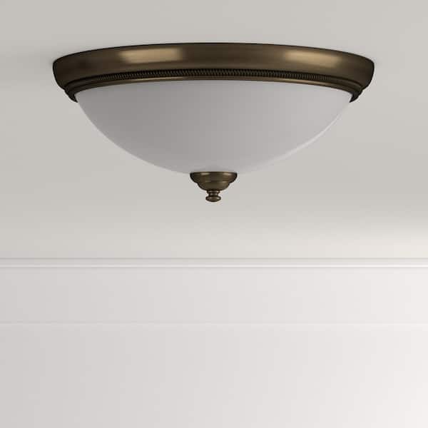Pavilion Collection 15 in. 2-Light Antique Bronze Flush Mount with Etched Watermark Glass Bowl