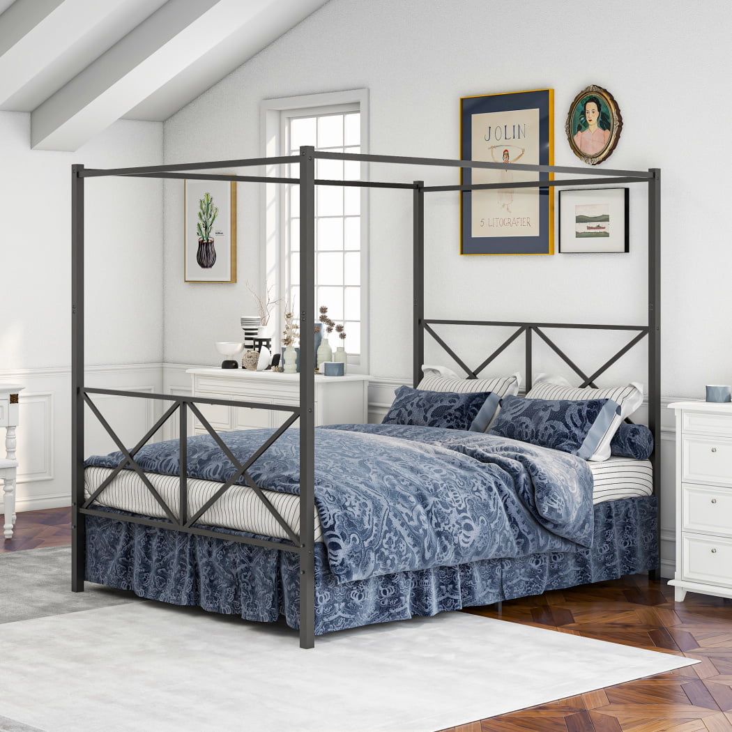 Queen Size Metal Canopy Bed Frame, Four-Poster Platform Bed Frame with X Shaped Headboard and Footboard,Bed Mattress Foundation with Sturdy Metal Slat Support