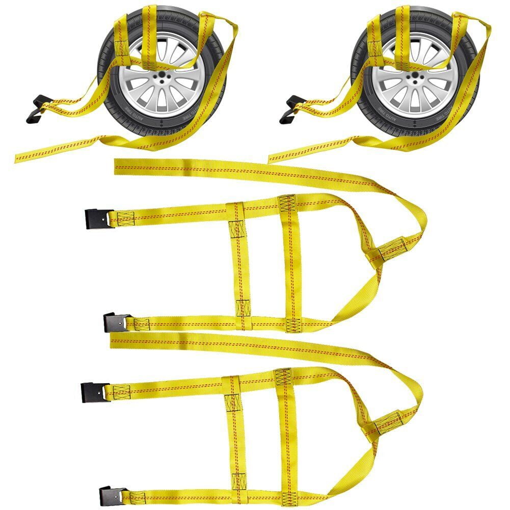 Carbole 2Pcs Car Tire Basket Straps, Adjustable Tire Tow Straps Wheel Net Tow Dolly with Flat Hook, Yellow