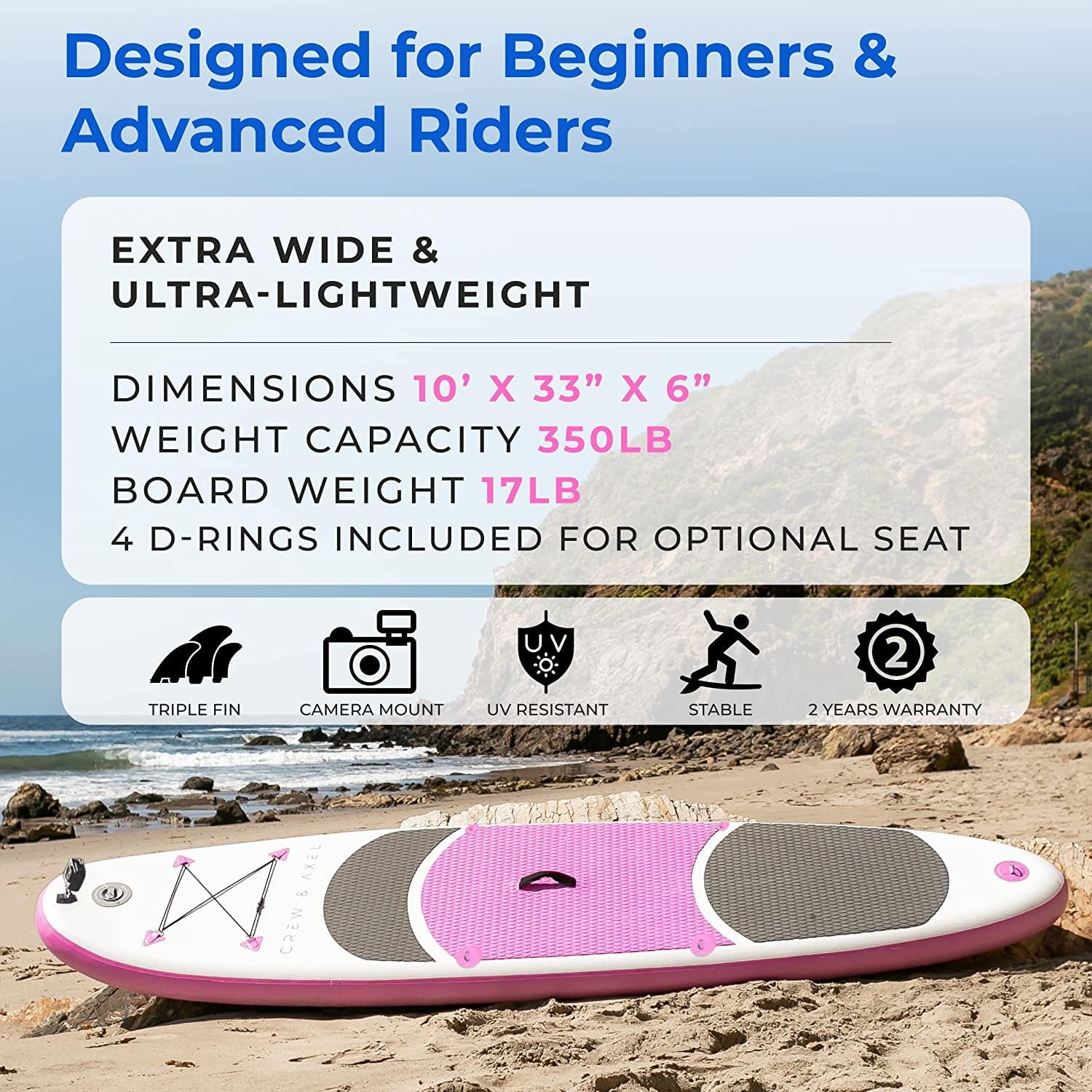 Crew Axel Inflatable Paddle Board 10336 Extra Wide & Lightweight (18lb) Paddle Board  Premium SUP Set Includes 2 Bags, Floating Paddle, Camera Mount, 3 Fins, Dual Pump Kit