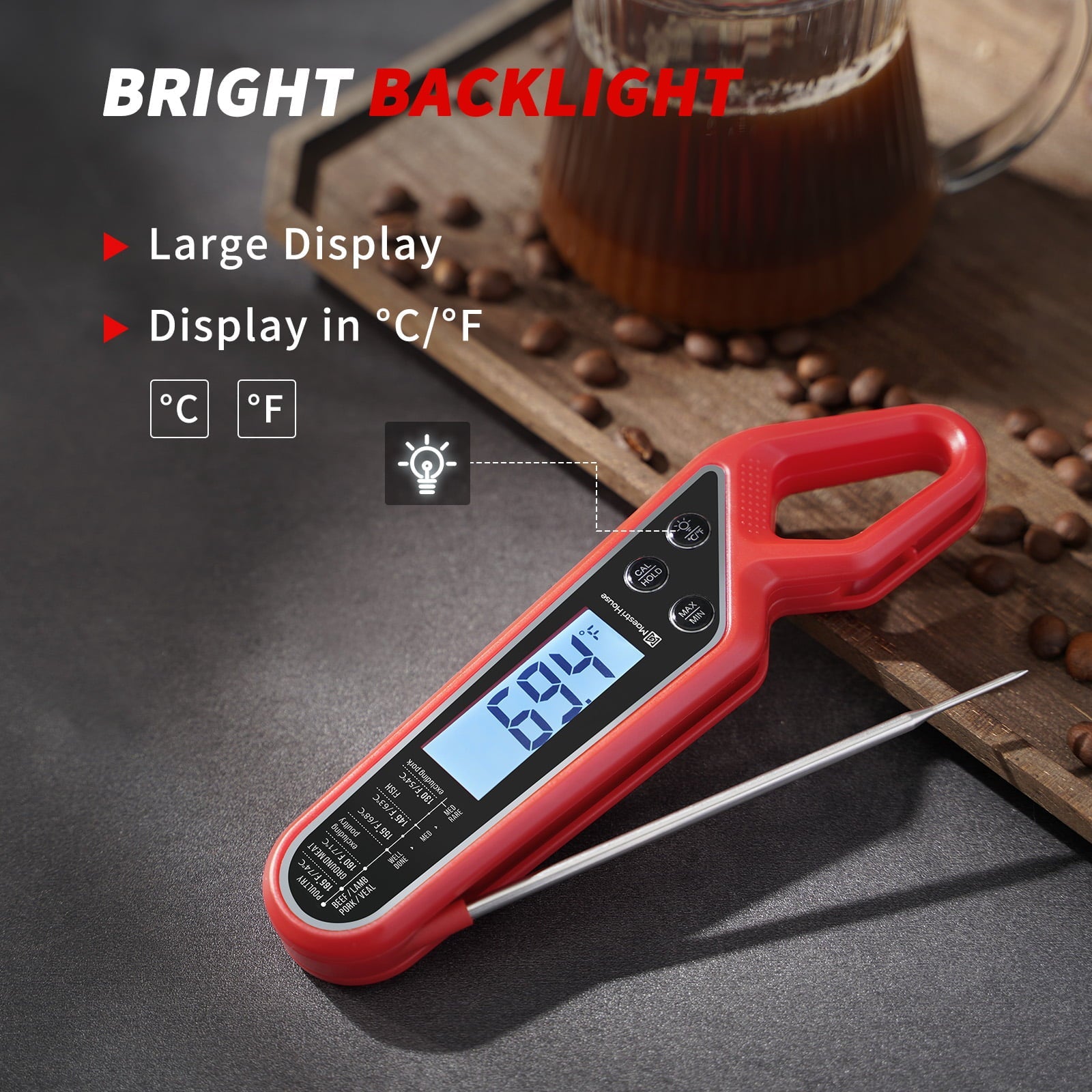 Digital Meat Thermometer 2-in-1 Grillthermometer Instant Read with Temperature Alarm, large LCD Screen, Magnet, Food Thermometer best for BBQ Grill Oven Cooking Kitchen