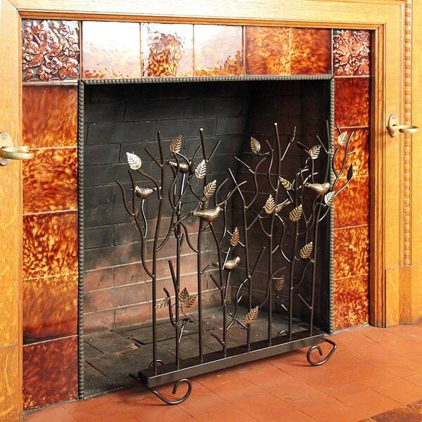 Roman 26 in. Tall Bronze and Gold 1-Panel Rustic Birds Summer Fireplace Screen