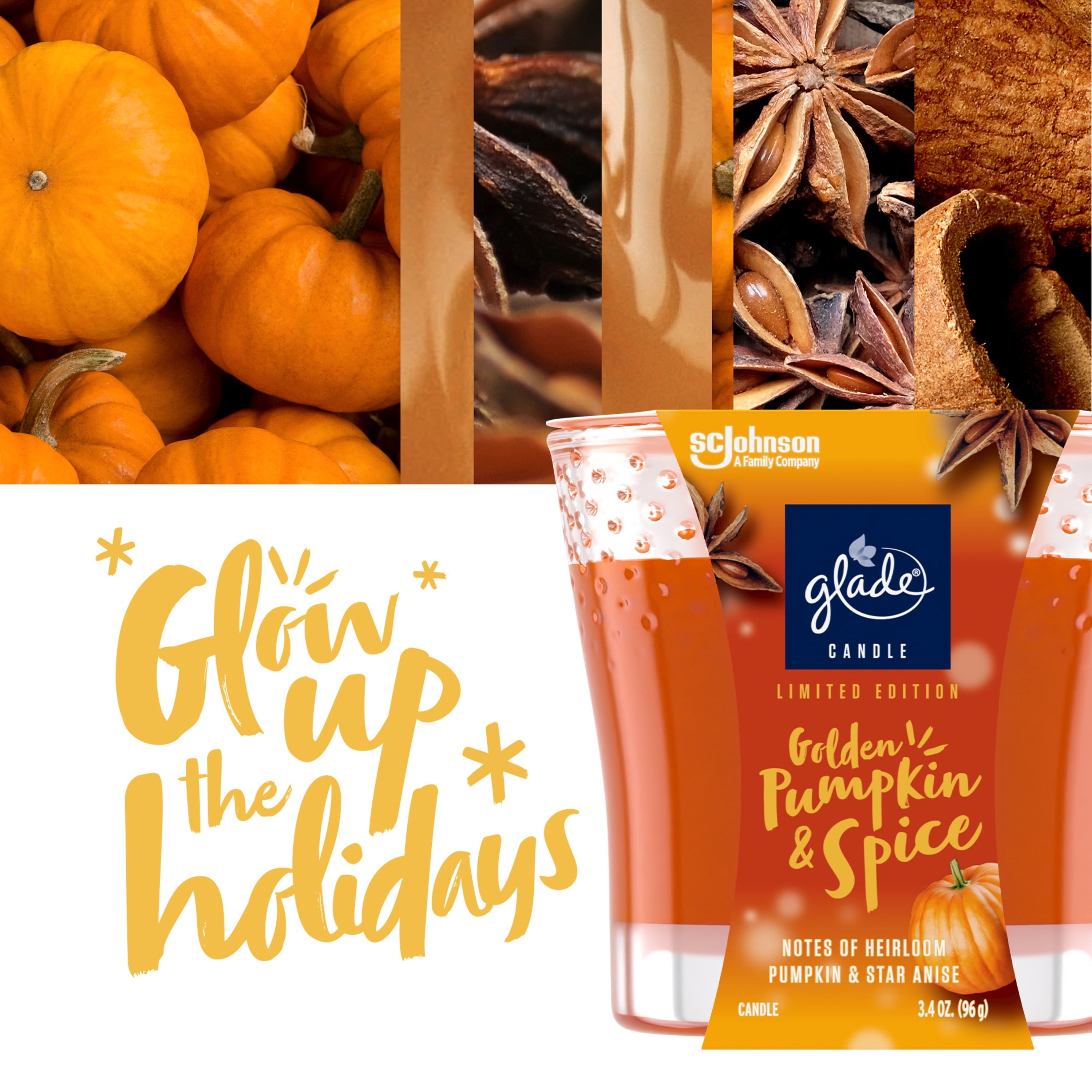 Glade 1 Wick Scented Candle, Golden Pumpkin & Spice, Fragrance Infused with Essential Oils, 3.4 oz