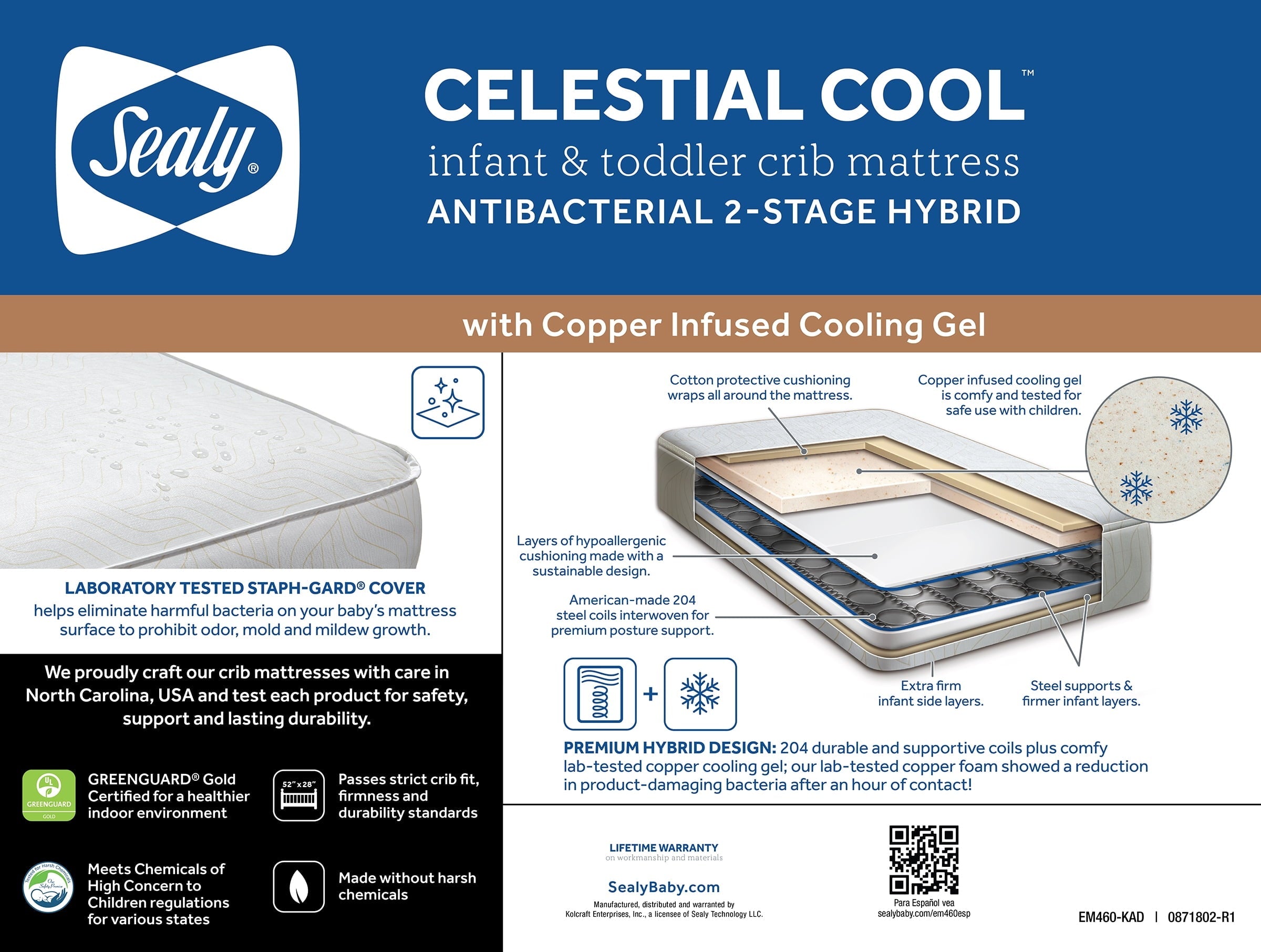 Celestial Cool Ultra-Premium 2-Stage Hybrid Antibacterial Crib & Toddler Mattress, Cool Copper Gel