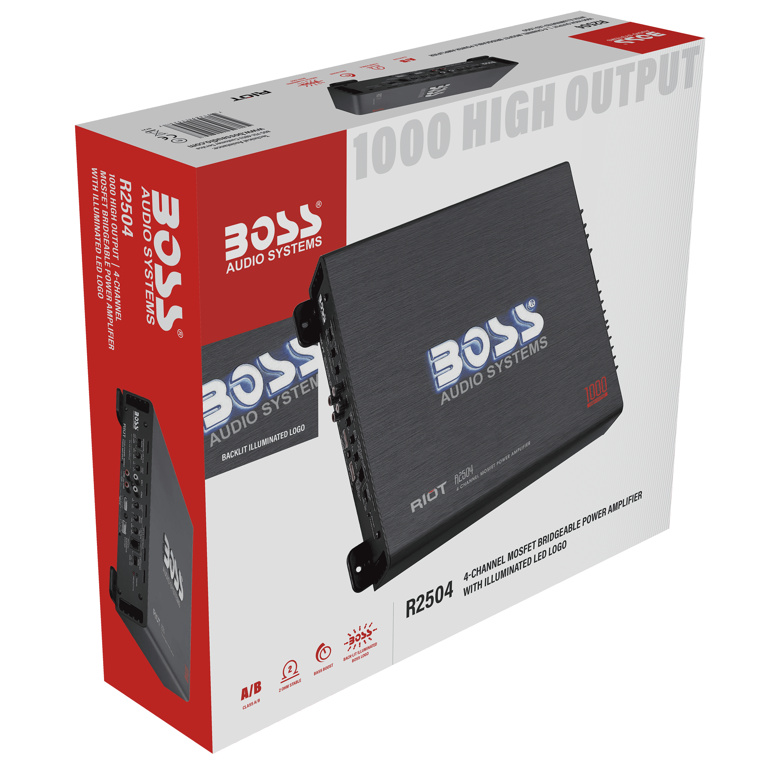 BOSS Audio Systems R2504 Riot Series Car Audio Amplifier - 1000 High Output, 4 Channel, Class A/B, 2/4 Ohm, High/Low Level Inputs, High/Low Pass Crossover, Bridgeable, Full Range