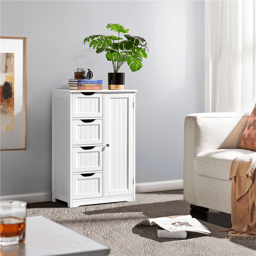 Yaheetech Wooden Cabinet Storage Unit with 4 Drawers & Cupboard for Bathroom, White