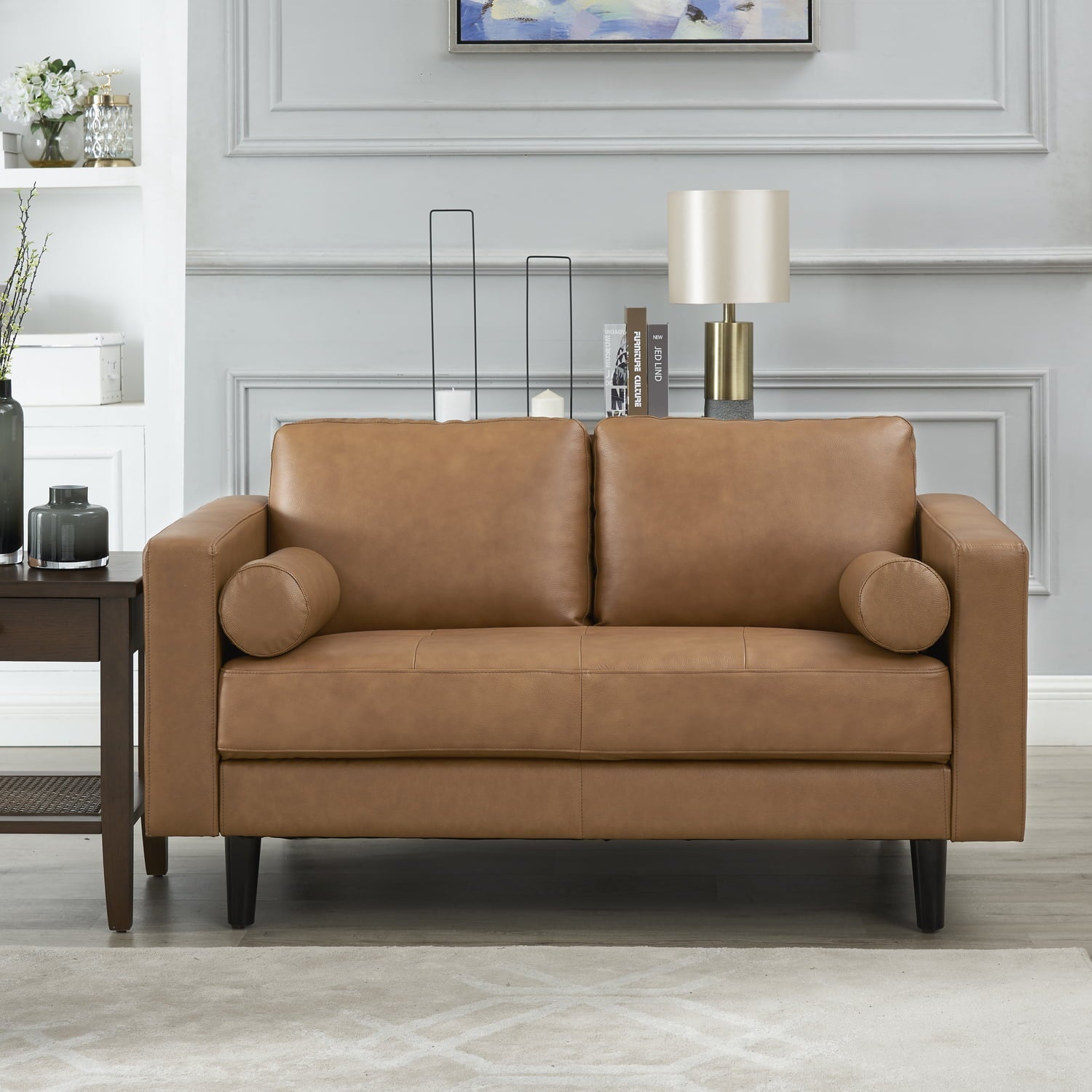 Modern Top Grain Leather Loveseat in Black, Loveseat Sofa Couch for Bedroom, Living Room Furniture, Space-Saving 2 Seater Couch for Living Room, Bedroom, Apartment, Small spaces, Tan