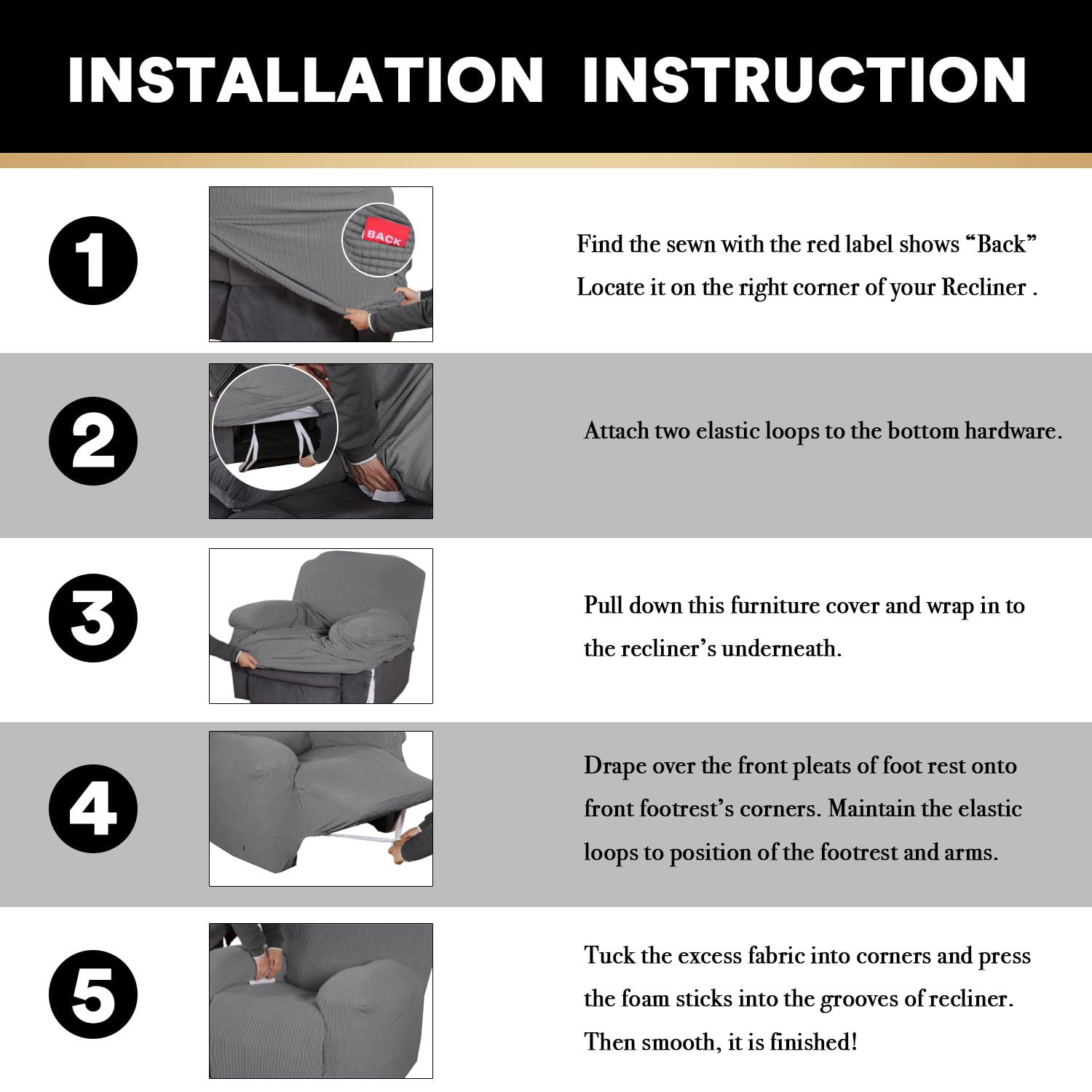 H.VERSAILTEX Stretch Fabric Checked Jacquard Recliner Slipcover, Charcoal Gray