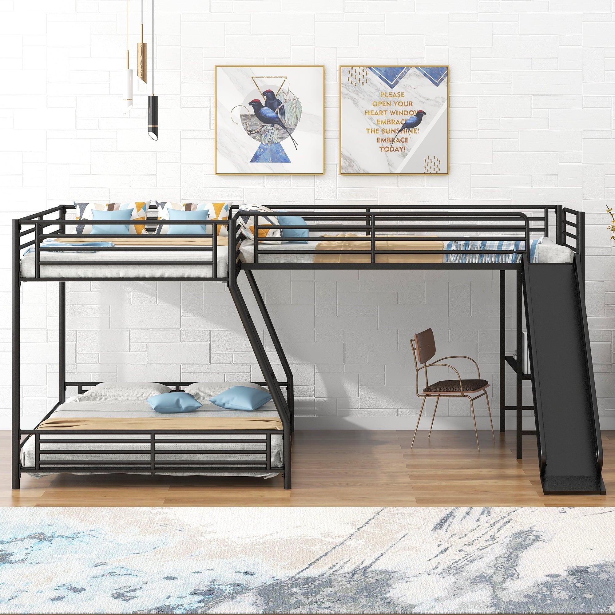 Metal L-Shaped Twin over Full Bunk and Loft Bed with Desk for Kids, Black