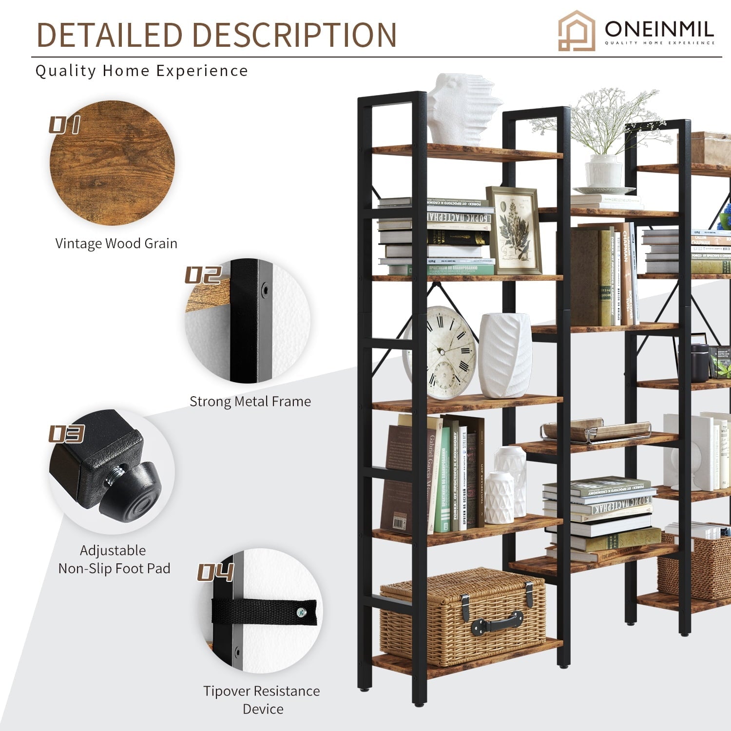 Oneinmil 5 Tiers Triple Wide Corner Bookcase with 17 High Quality Solid Open Shelves, Rustic Brown