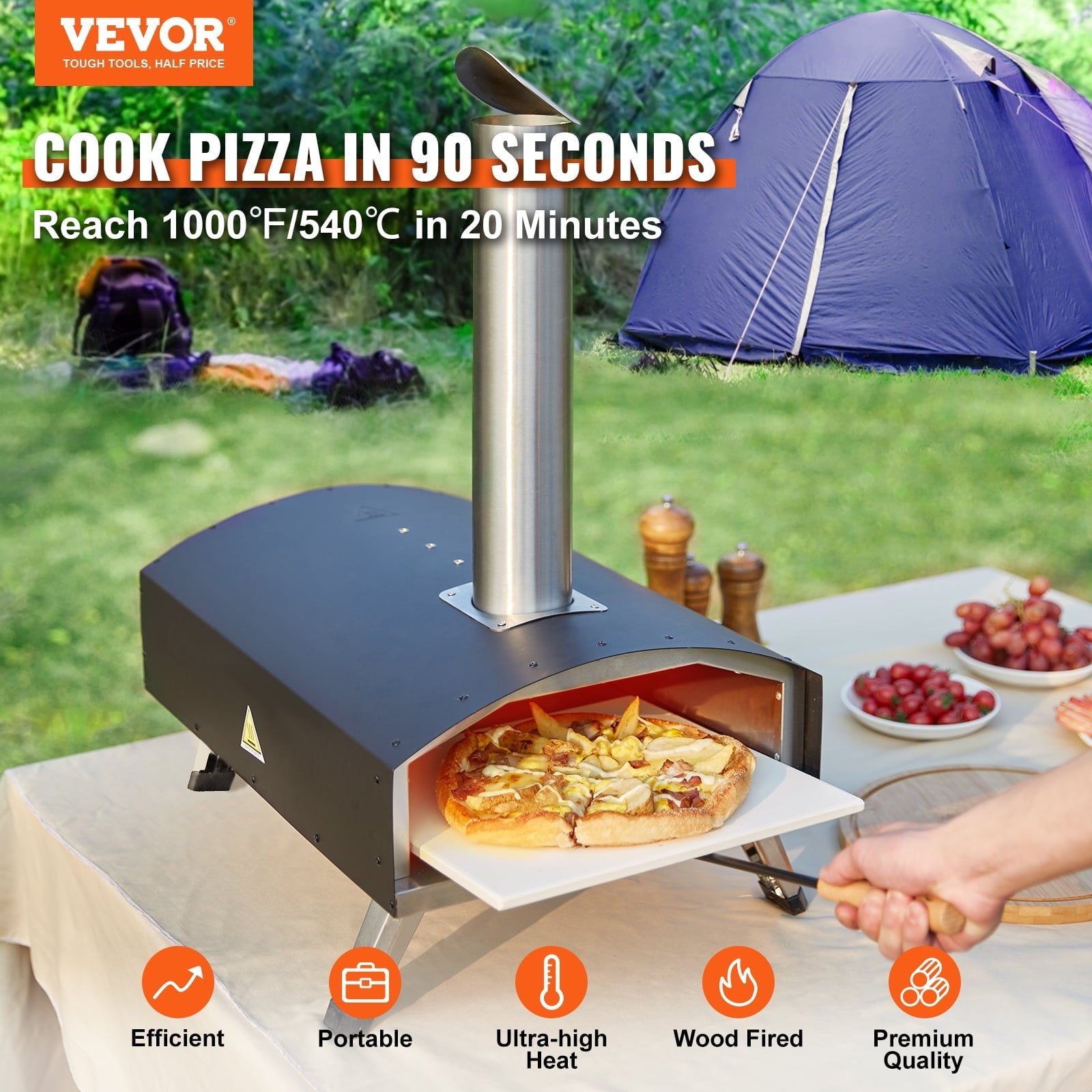 BENTISM 12‘’ Outdoor Pizza Oven Wood Pellet and Charcoal Fired Pizza Maker, Portable Outside Stainless Steel Pizza Grill with Pizza Stone, Waterproof Cover, Shovel, Wood Burner for Back