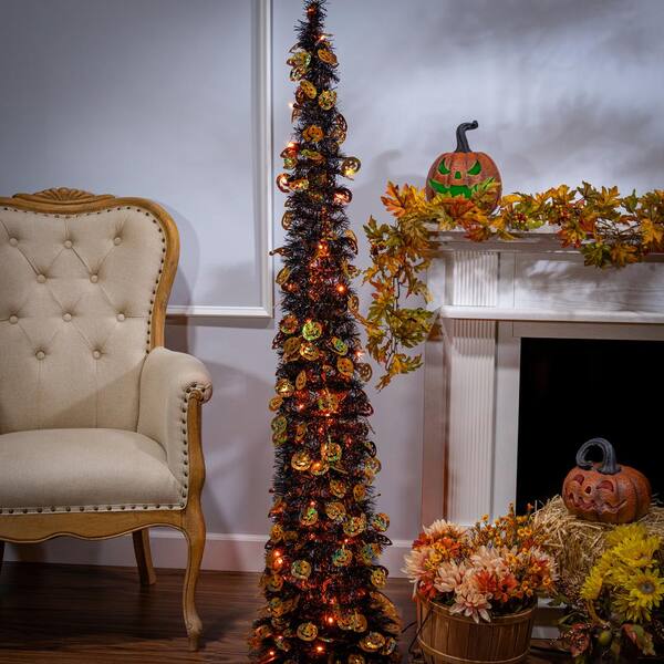 65 in. H Black/Orange Electric Lighted Pop-Up Tinsel Halloween Tree