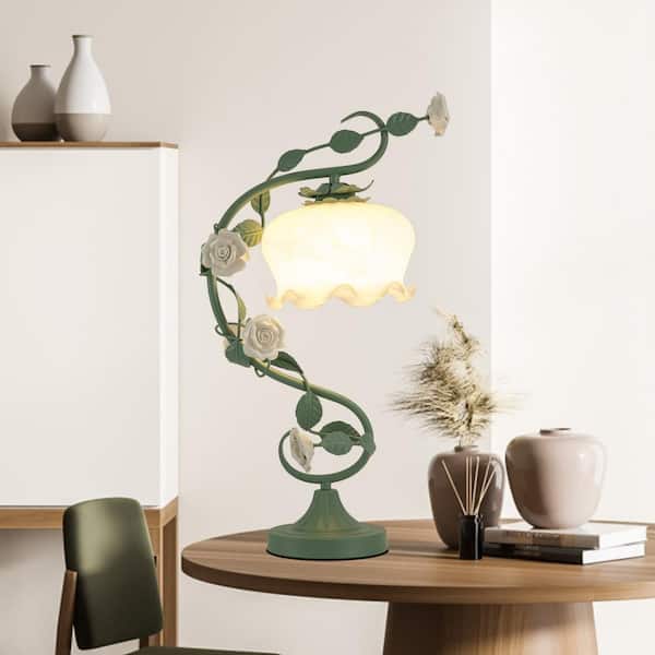 20.5 in. Green Retro Rose Glass Gooseneck Desk Lamp with White Bent Glass Shade
