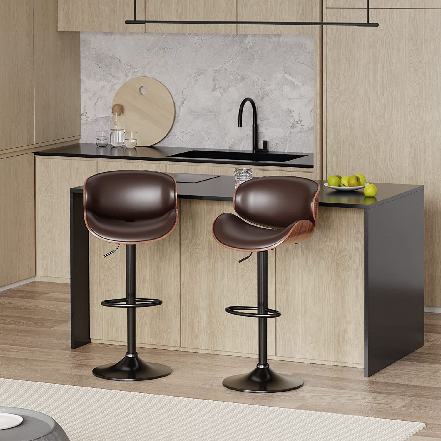Aowos Bar Stools Adjustable Swivel Barstools Counter Stools with Back Sets of 2, Mid-Century Modern PU Leather Upholstered Counter Height Barstools, Kitchen Island Bar Chairs, Brown