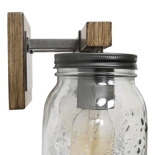 29 in. 4-Lights Bronze Farmhouse Rustic Bathroom Vanity Light with Painted Wood Accents and Seeded Mason Jar Glass Shade