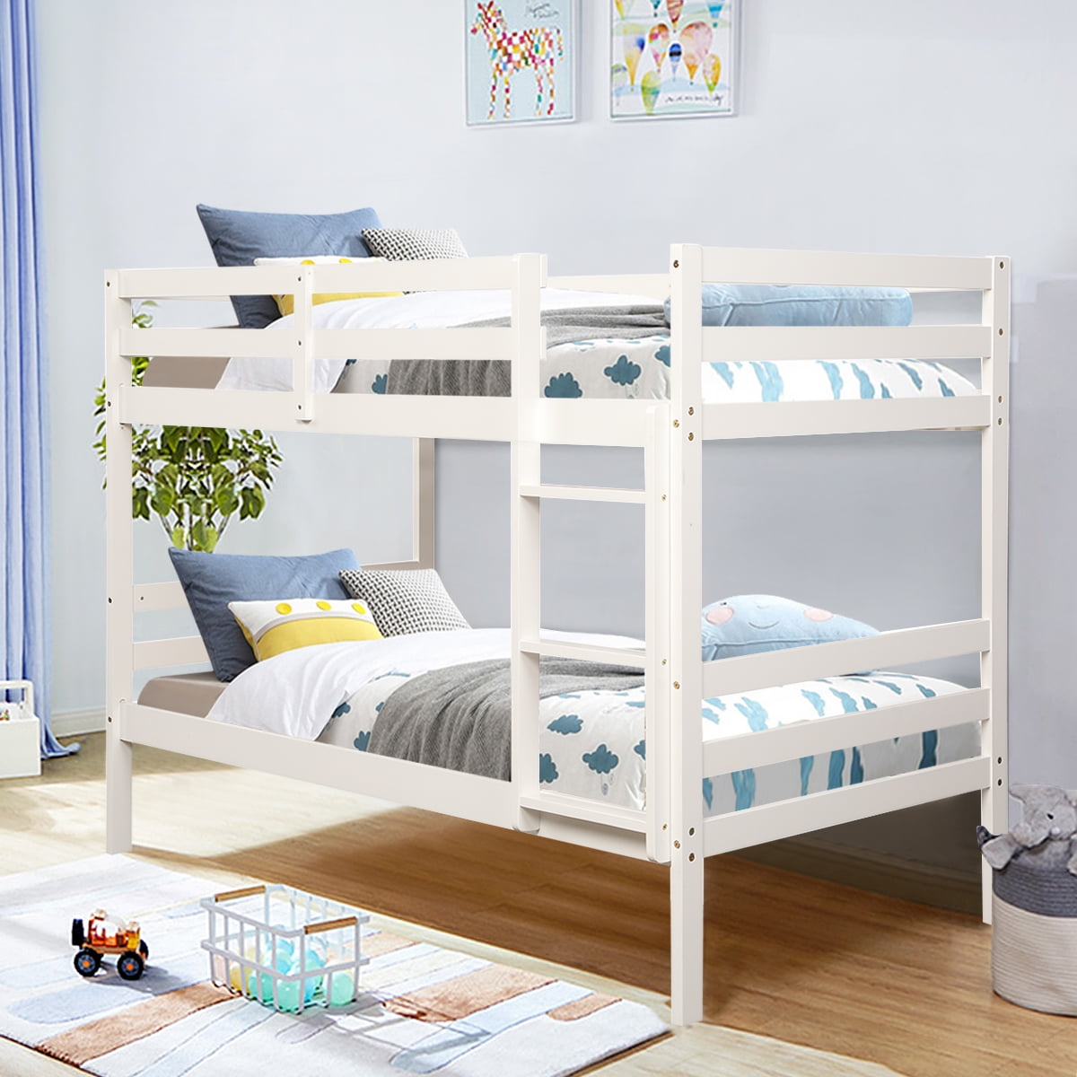 Costway Twin Over Twin Wood Bunk Beds Ladder Safety Rail White
