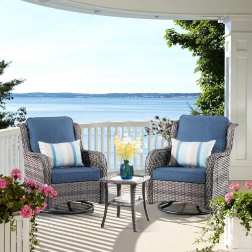 OVIOS Patio Conversation Seating Set w/ Swivel Rocking Chair+Denim Cushion Blue